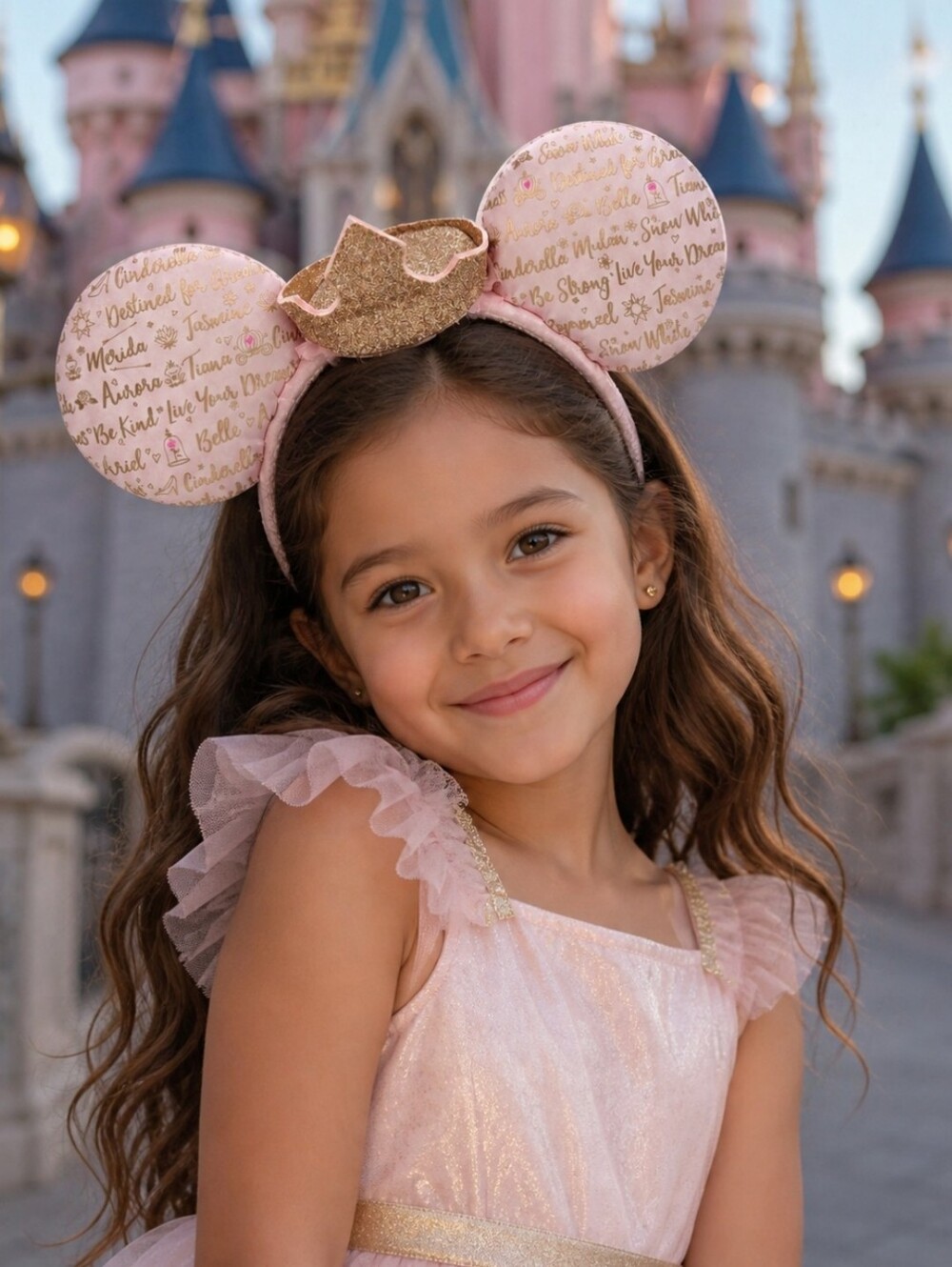 Disney Parks "Dream Big Princess" Pink Satin & Gold Crown Minnie Ears Headband
